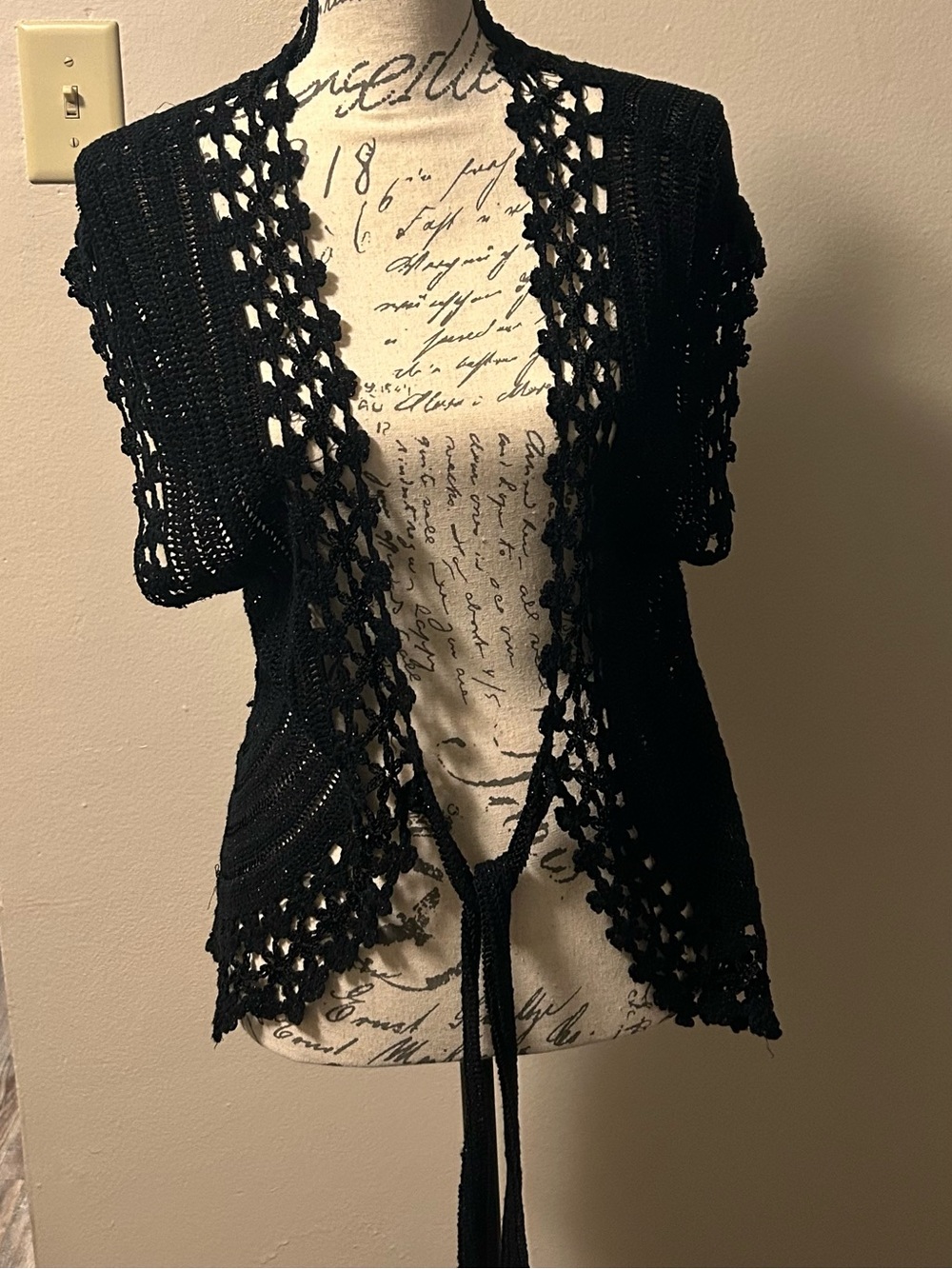 Peter Nygård Black Crochet Knit Cardigan Tie Front Boho Medium M 10-12